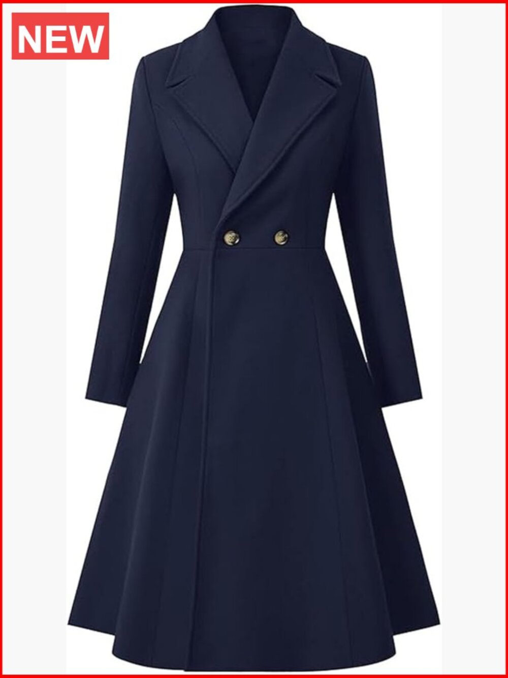 Double Breasted Trench Coat Notch Lapel Wool Blend Pea Coat Swing A Line Long